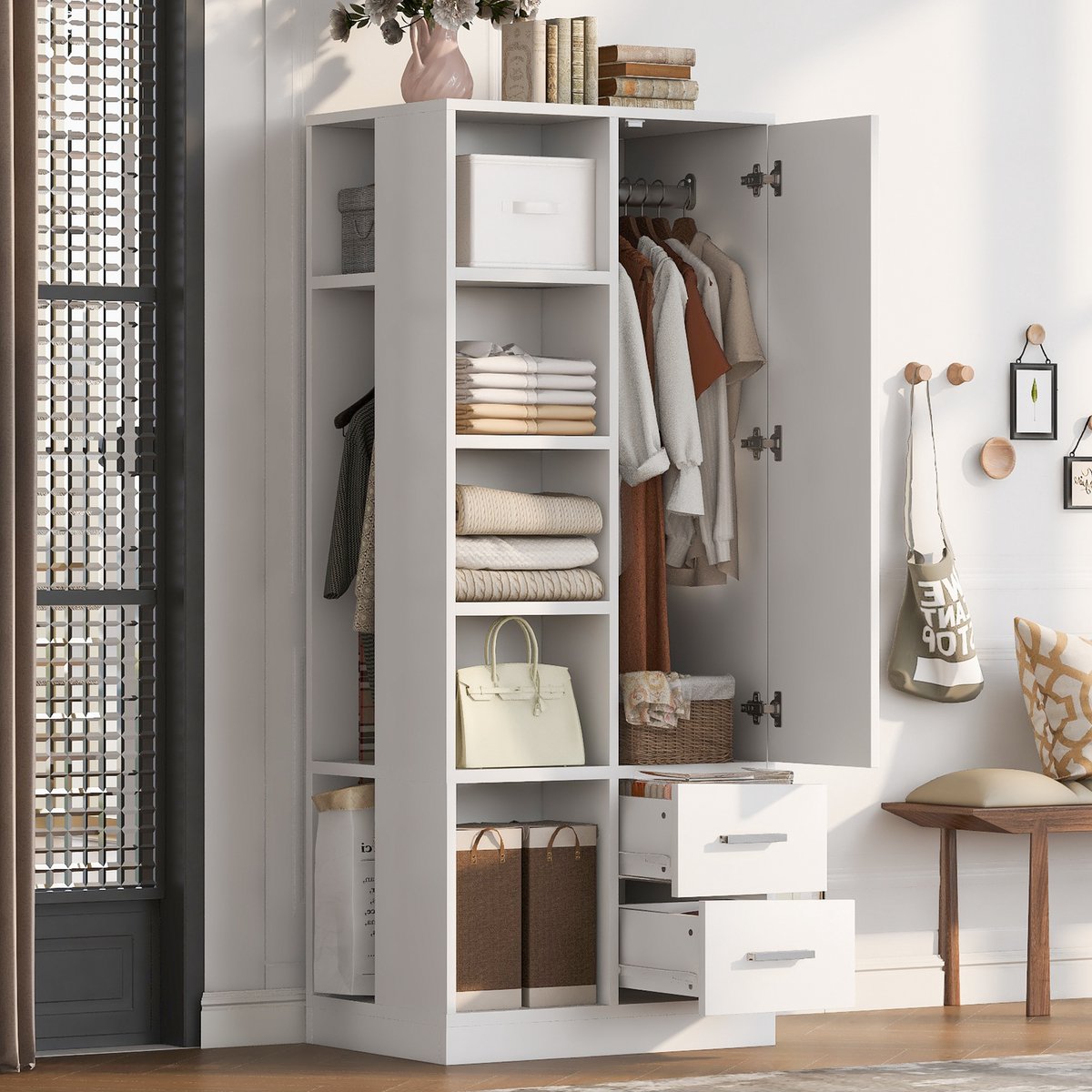 OKWISH Kledingkast – 70 x 50 x 170 cm – 1 Deur – 2 Lades – Open Vakken En 2 Kledingroedes – Ruimtebesparend – Hout Wit