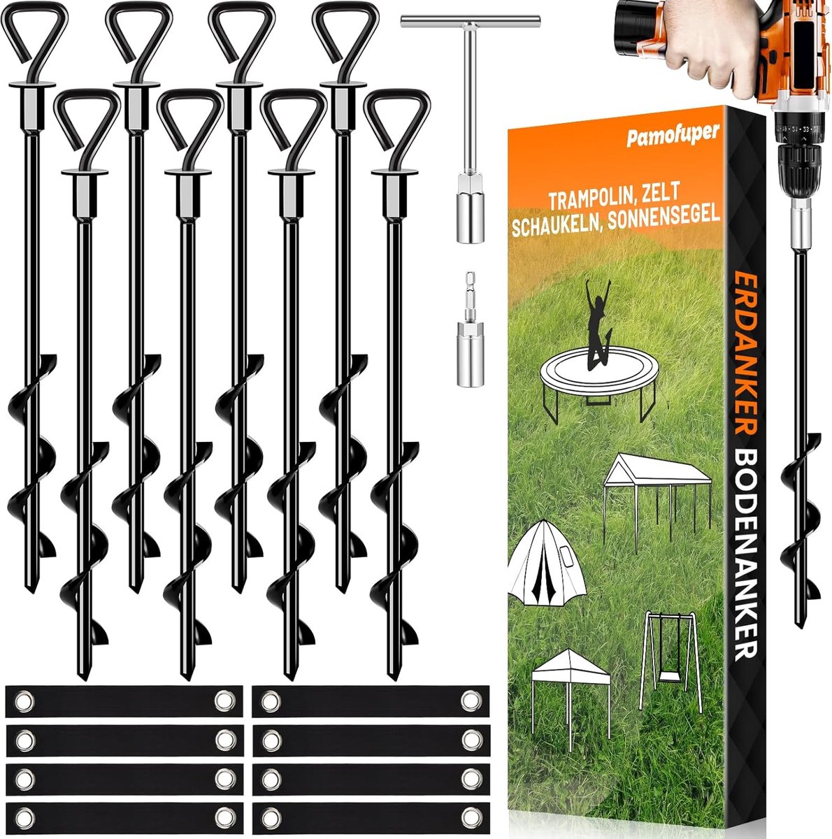 Trampoline Stakes Ground Anchors Screw in tent pegs Heavy Duty for high winds, trampoline anchors with straps - ShopVlot