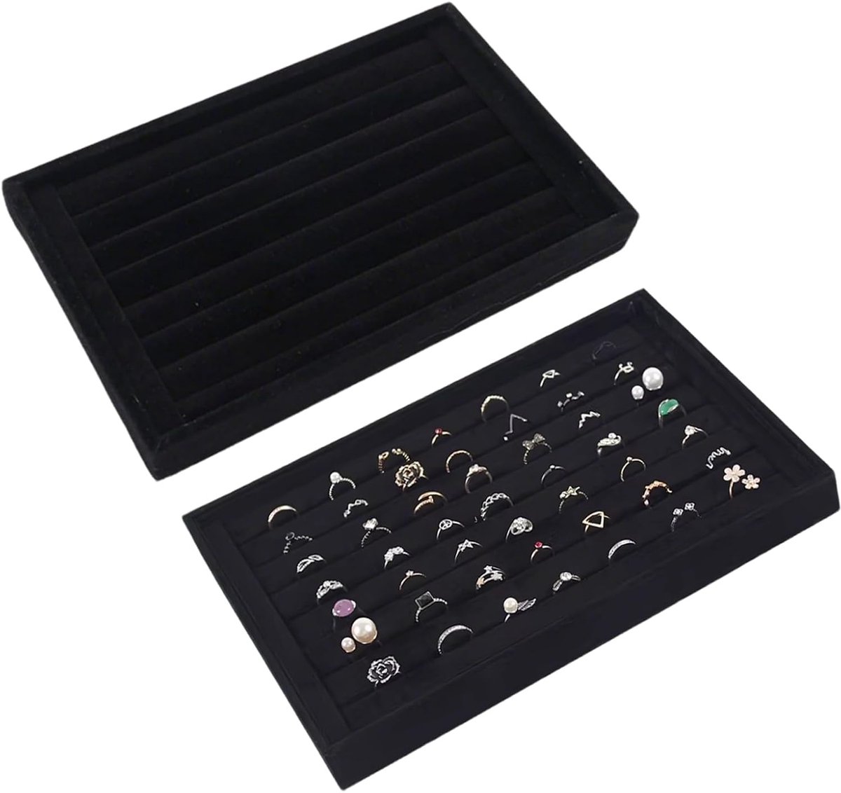 2 Pieces Black Velour Jewelry Organiser Display Box Tray, Jewelry Organizer Storage Bins, for Jewelry Display (Black) - ShopVlot