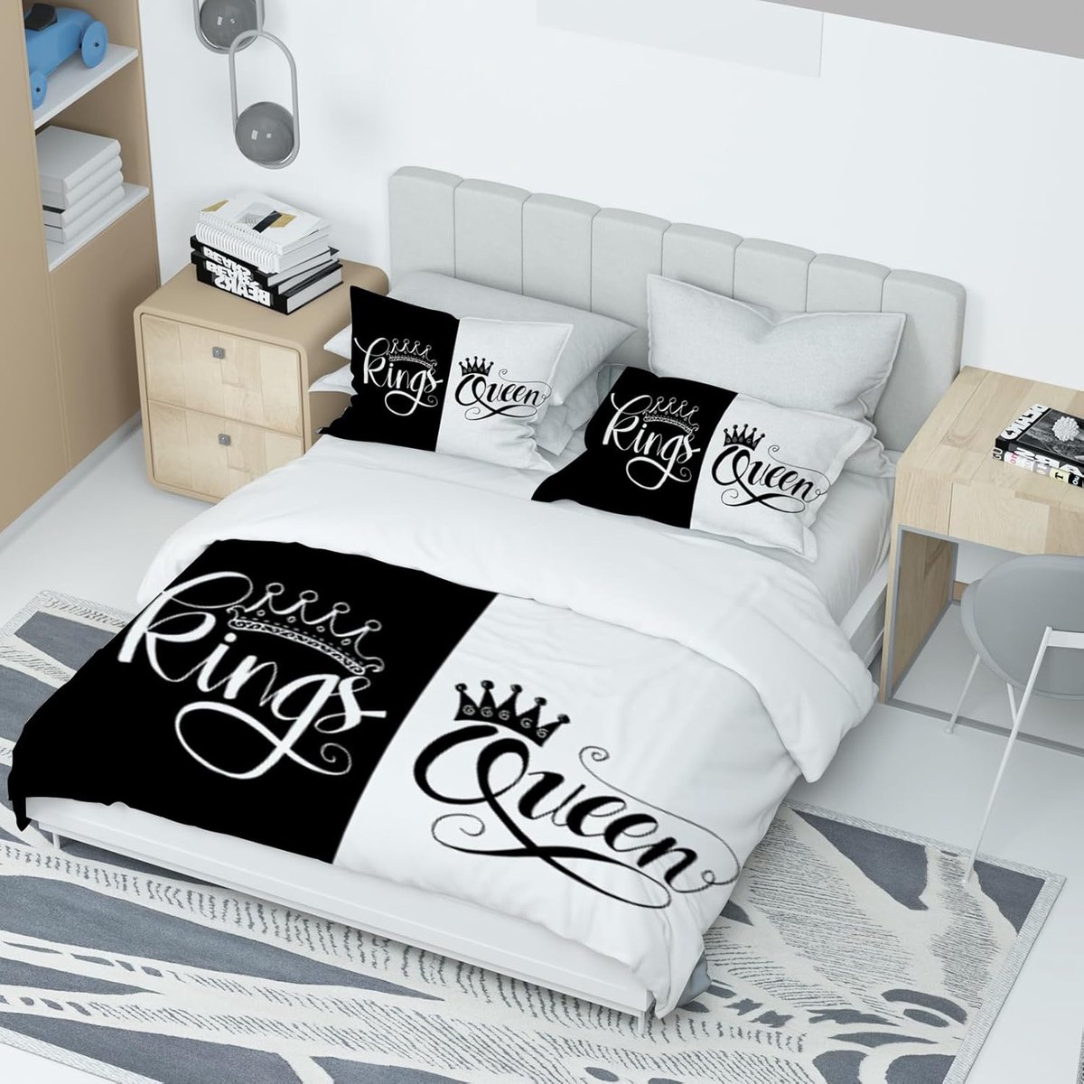 King and Queen Bed Linen 220 x 240 cm, Black and White Couple Bed Linen, 100% Microfibre, Duvet Cover, King Queen with - ShopVlot