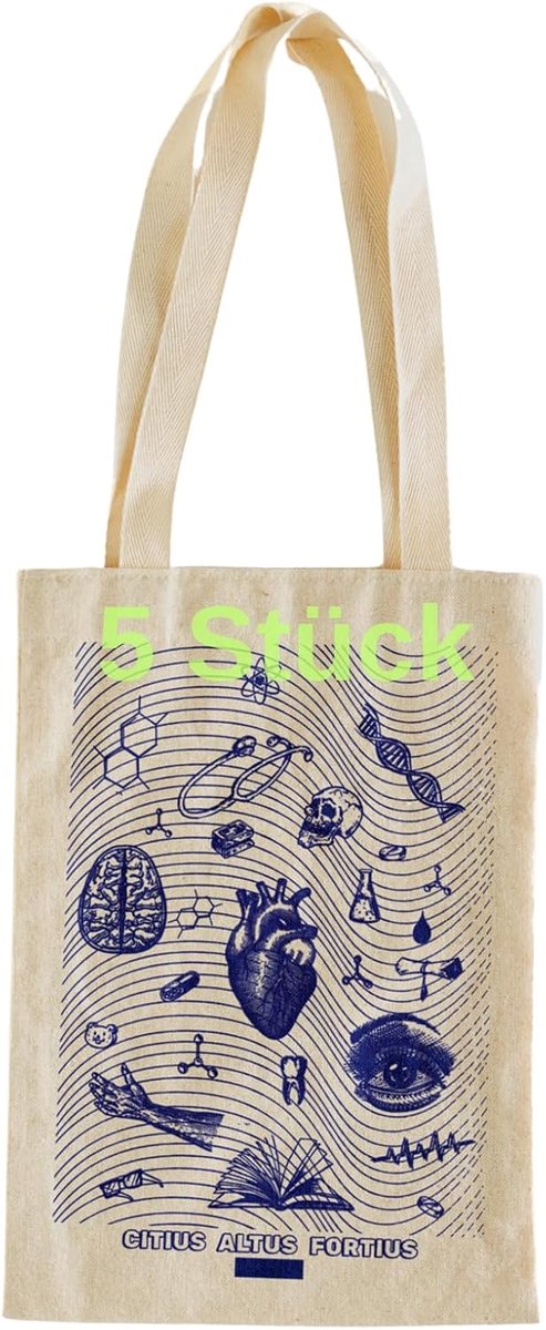 Inoverse Pack of 5 Cotton Bags, 30 x 40 cm, Fabric Bag Made of Linen with Scientific Motifs, Cotton Bag with Long - ShopVlot