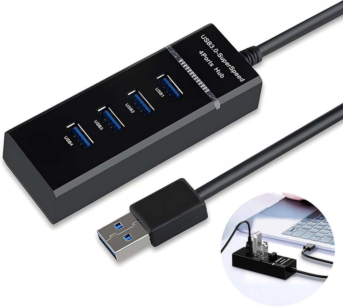 H302S USB 3.0 hub voor laptop met 0,6 m lange kabel, multi-poorts uitbreiding voor snelle gegevensoverdracht - ShopVlot