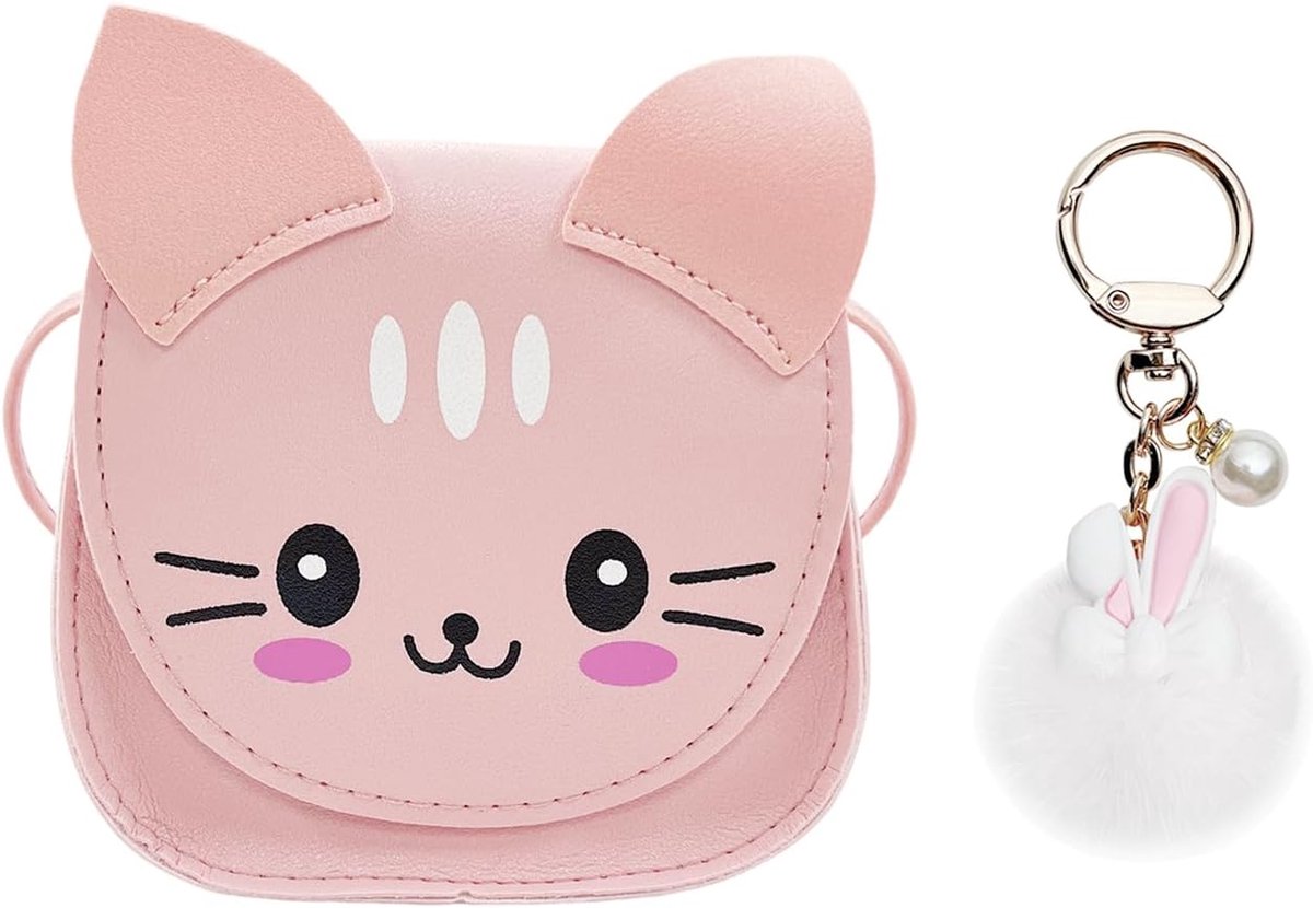 1 Cute Cats -Crossbody Bag and 1 Rabbit Plush Hanger, Kids Bag for Kids, Girls -Pocket, Cartoon -Printed Handbag. - ShopVlot