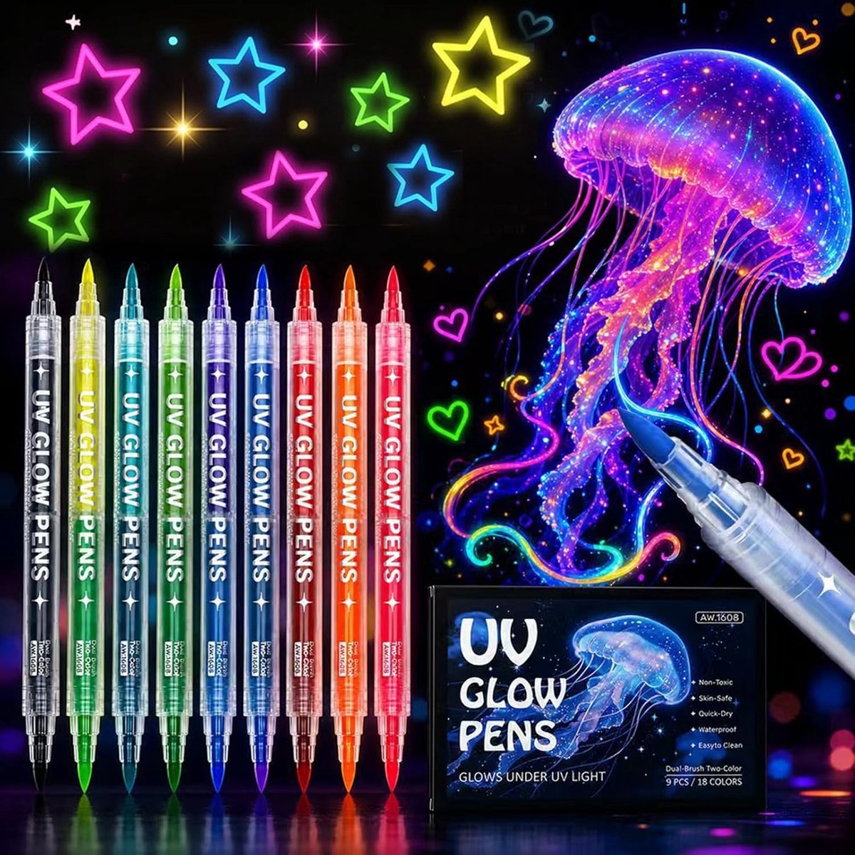 Set van 18 UV-neonkleuren make-up voor blacklight, 9 dubbelzijdige gezichts- en lichaamsverfstiften, glow in the dark, fluorescerende tattoo-markers, huidvriendelijk en waterbestendig voor festivals en feesten