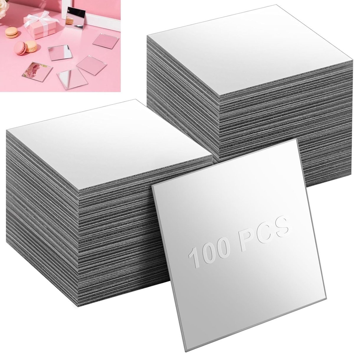 Pack van 100 Zelfklevende Spiegels voor DIY Projecten, Flexibele Acryl Spiegels, Vierkant 5 x 5 cm, Perfect voor Wanddecoratie en Badkameraccessoires