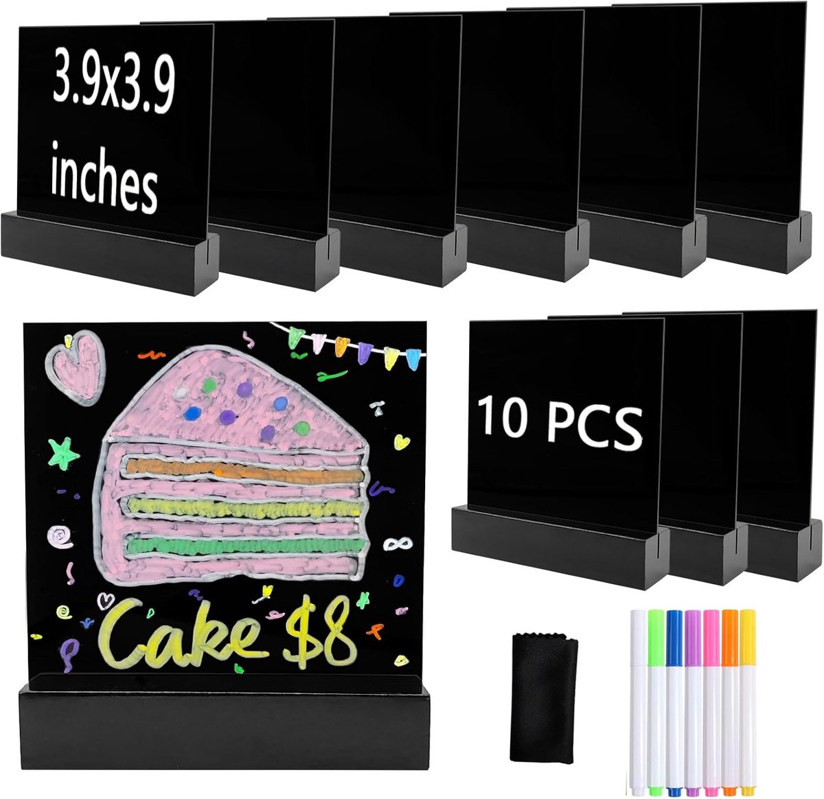 10 Stuks Mini Acryl Krijtbordjes met Houten Standaard 10x10 cm Tafelbordjes Herbruikbare Tafelkaarthouders voor Buffet, Bruiloft, Menu, Prijskaartjes, Gereserveerd, Café (Zwart)