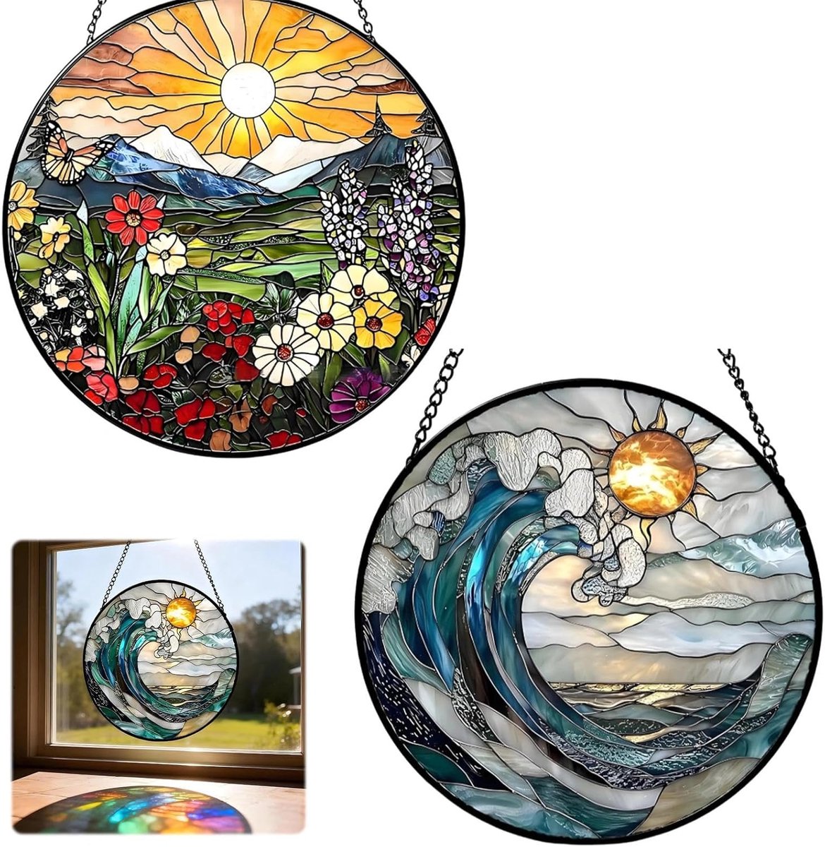Raamdecoratie 20 cm - blauwe golven en wilde bloemen - acryl suncatcher - voor ramen en muren - ShopVlot
