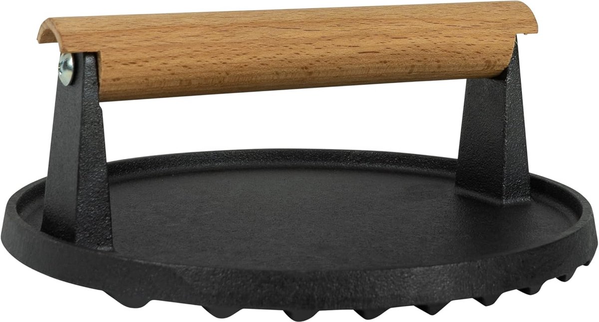 Hamburgerpers - Grillpers - Vleespers - Vleesverzwaarder - Grill press - Barbecue accessoires - Barbeque - Keukengerei - Kookgerei - Gietijzer - 18 x 18 x 7 cm (lxbxh) - Zwart en lichtbruin