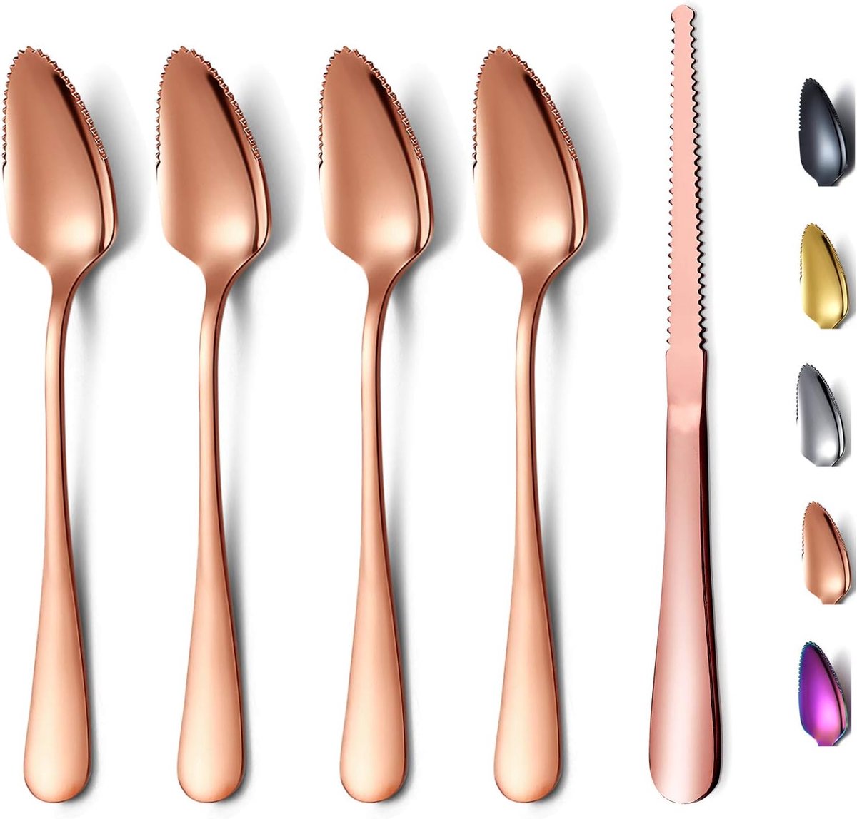Gold Grapefruit Lepels 5 Stuks Set, 4 Roestvrijstalen Grapefruit Lepels En 1 Grapefruit Mes Met Titanium Plating, Grapefruit Gebruiksvoorwerp, Gekartelde Randen Lepel pak van 5