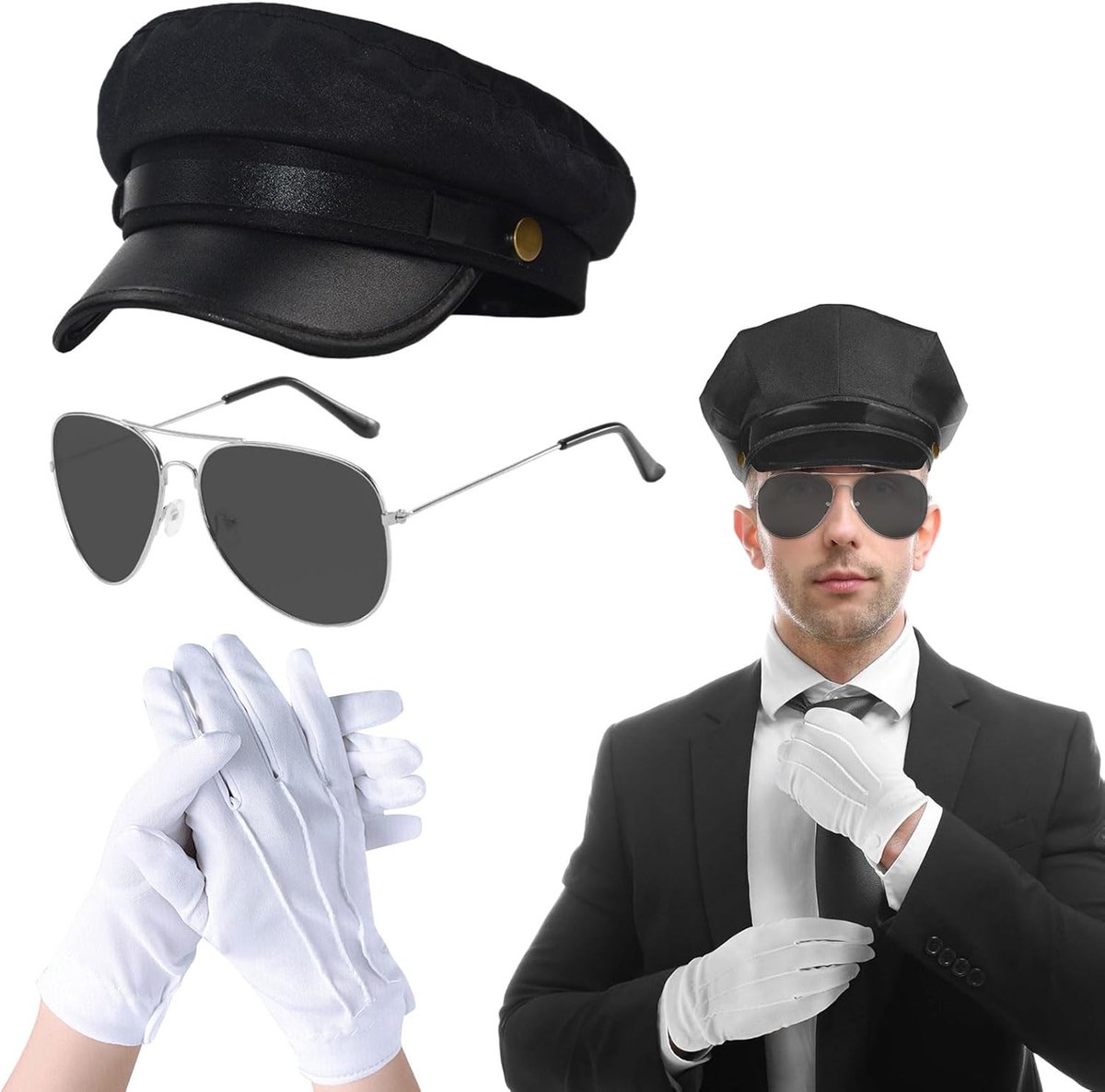 3 stuks chauffeurskostuumaccessoires, nieuwigheid rijderskostuum, zwarte hoed, zonnebril, witte handschoenen, chauffeursclub, verkleedjurk, jaren 80, maffia, gangster, bikerkostuum voor