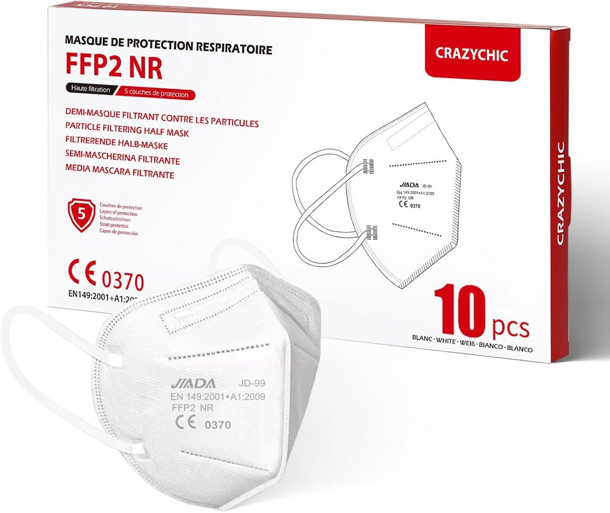 FFP2 NR masker 10x - Wit - CE Gecertificeerd - Hoge filtratie 5 lagen - Individueel verpakt - ShopVlot