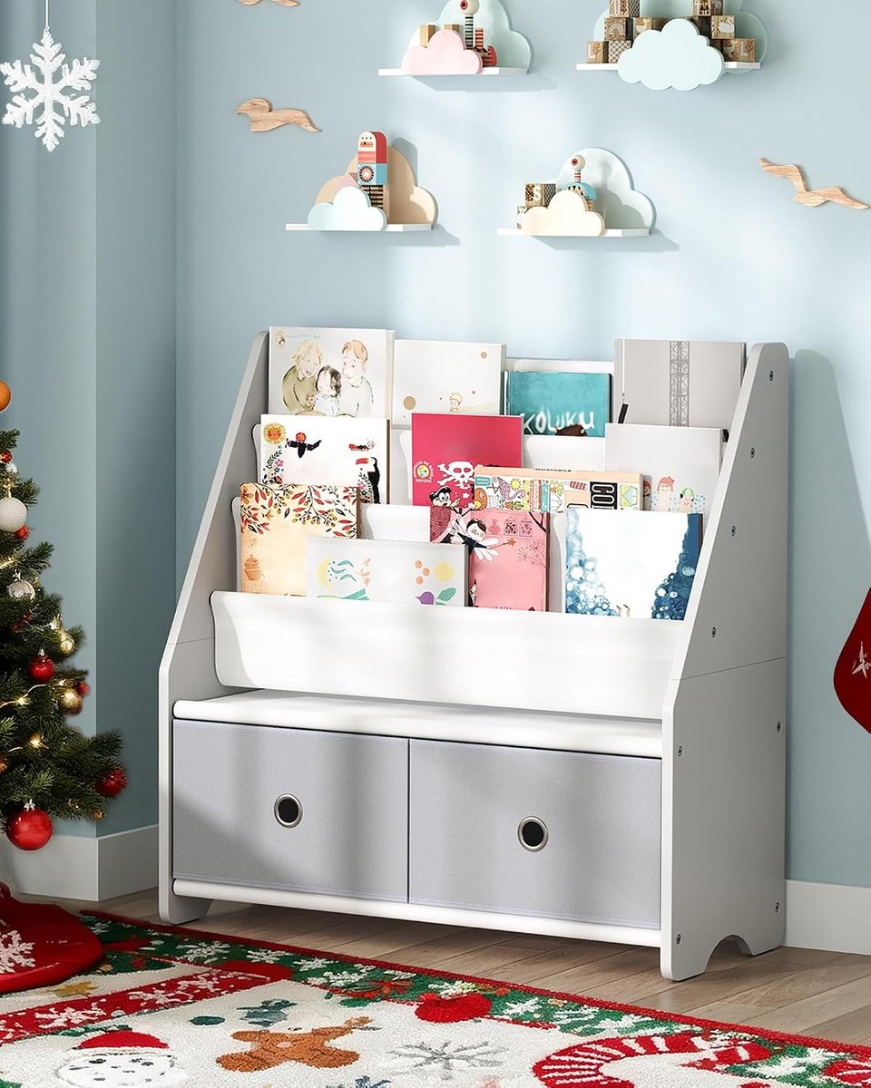 Kinderboekenplank en speelgoedopslag, 4-laags kinderboekenrek met grote capaciteit, Sling Kid Boekenkast, voor kinderkamer, babykamer, speelkamer, wit en grijs MCW06WT