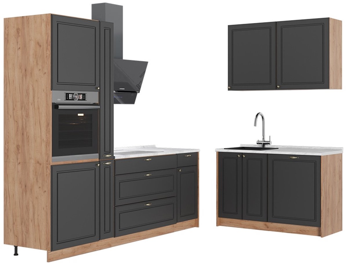 Vicco Keuken Fame-Line, Anthrazit-Gold Landhaus/Goudkleurig Eiken, 220 x 120 cm, WB Marmer
