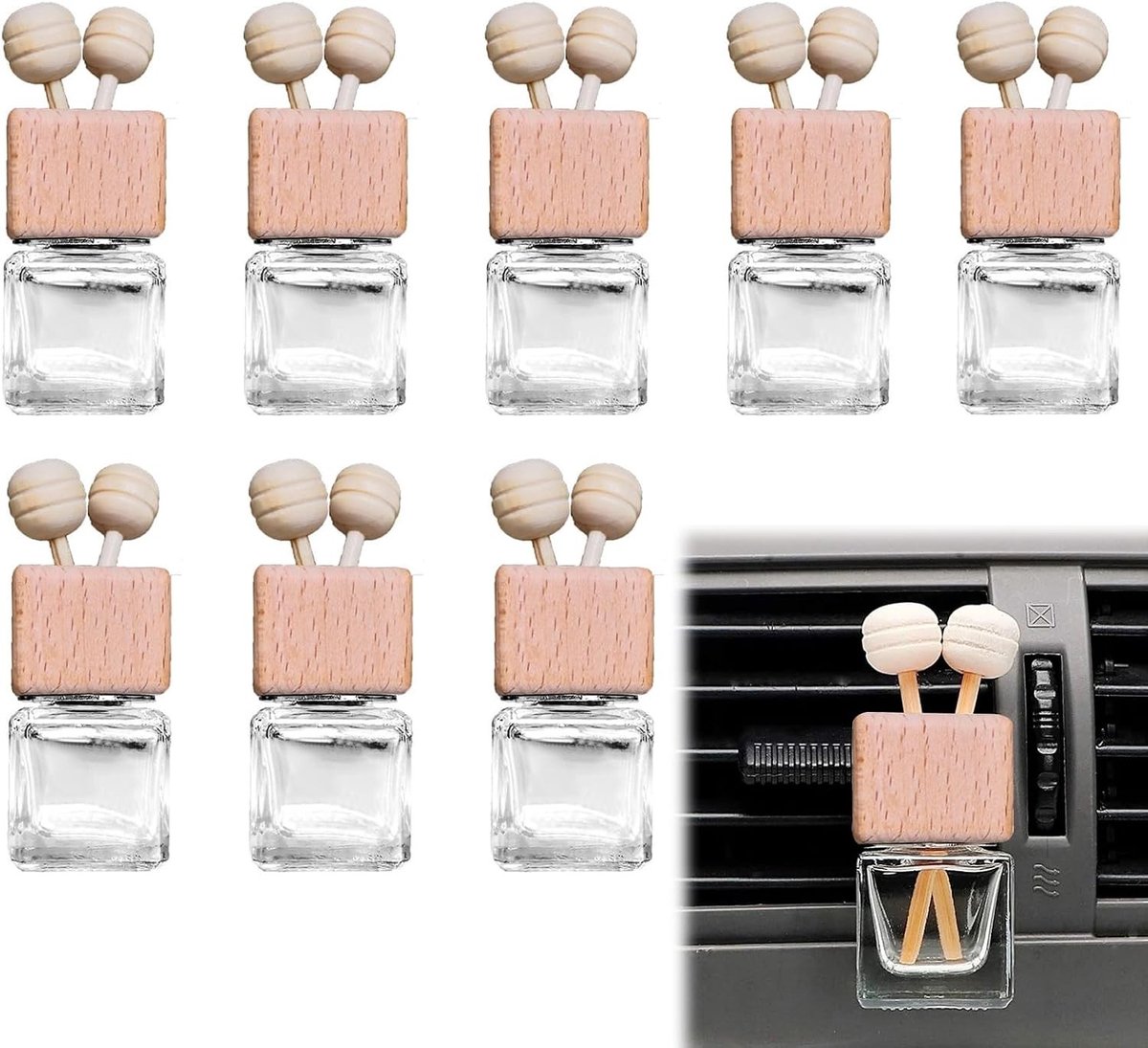 Set van 8 Auto Luchtverfrissers, Geurclip Diffuser, 10 ml Aromatherapie Flesjes voor Essentiële Olie, Transparante Glazen Decoratieflessen met Diffuser Ventilatie