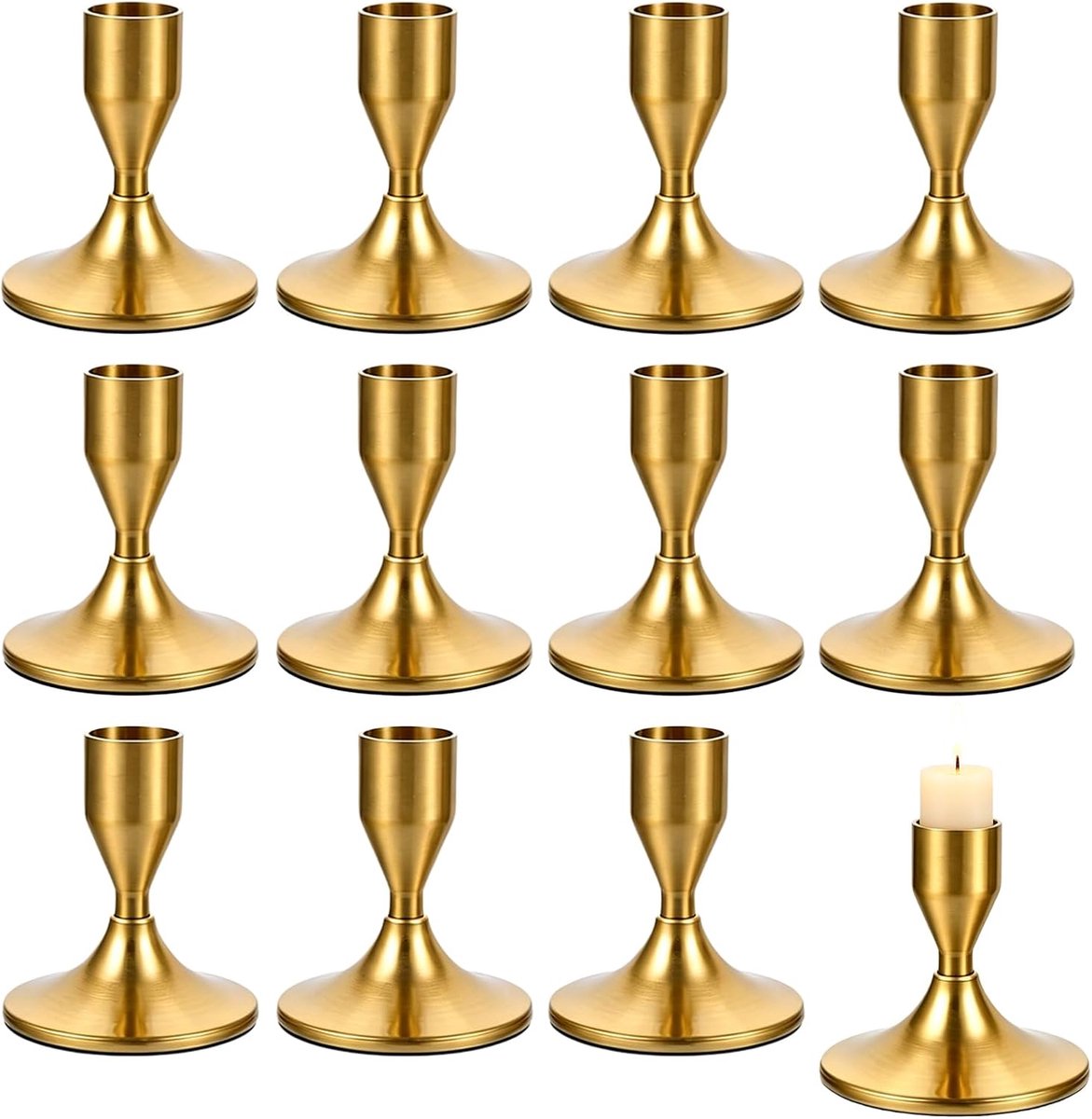 Set van 12 kandelaars goud: metalen staafkaarsenhouder, kandelaar, staafkaarsenhouder 7,5 cm, gouden kandelaar, voor bruiloft, feest, Kerstmis, tafeldecoratie en woonkamer