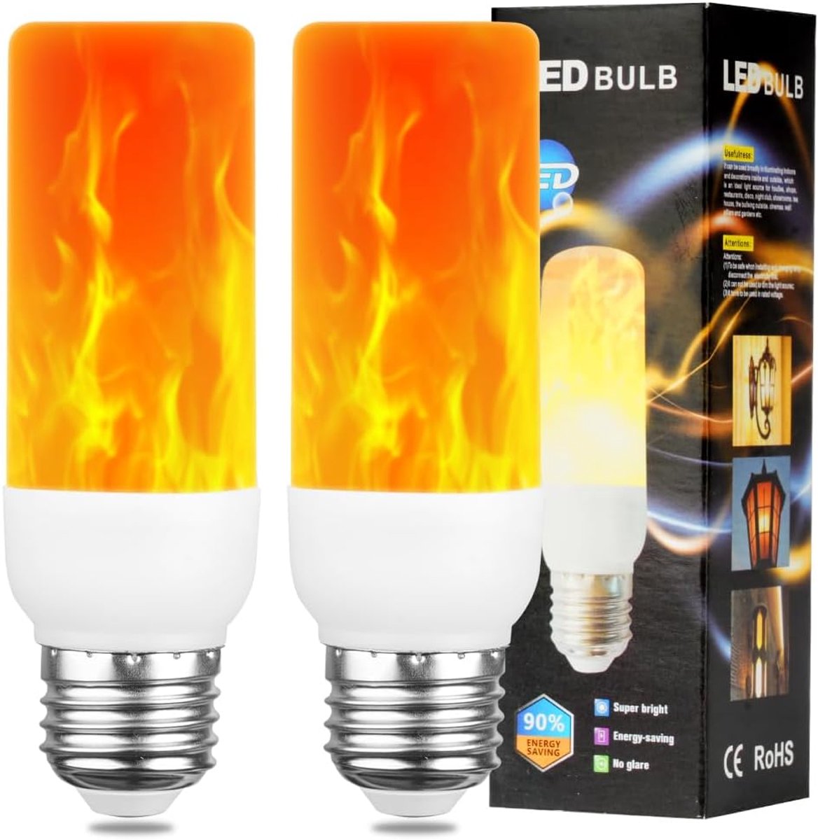 AUAUY Led-vlamlamp, 2 W, E27 vlammeneffect, 1400K, 3 verlichtingsmodi, flikkerende decoratieve lampen voor binnen en - ShopVlot