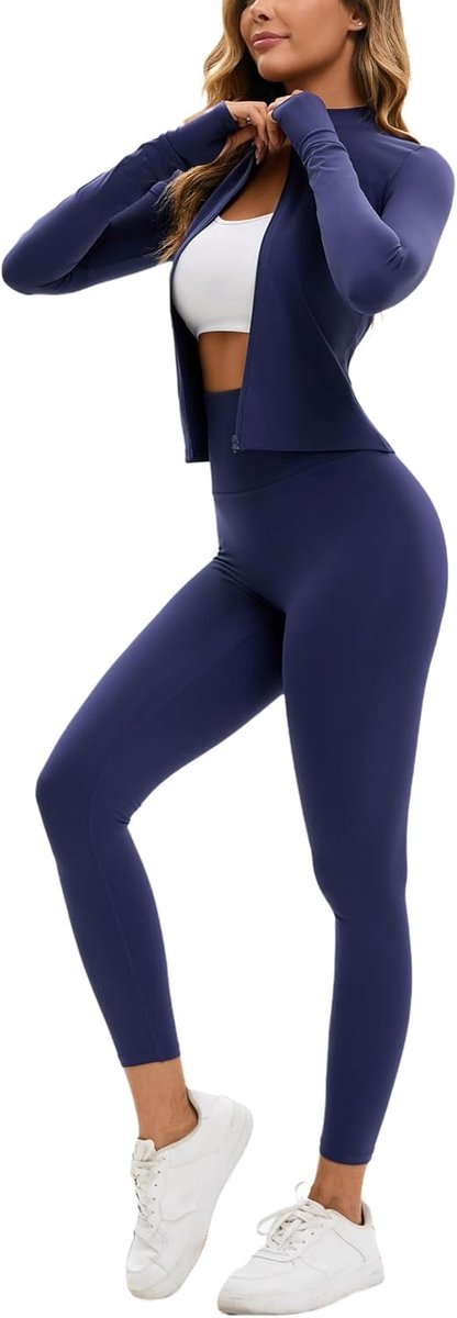 trainingsset voor dames, trainingsset met lange mouwen en ritssluiting en atletische hoge taille leggings trainingsset