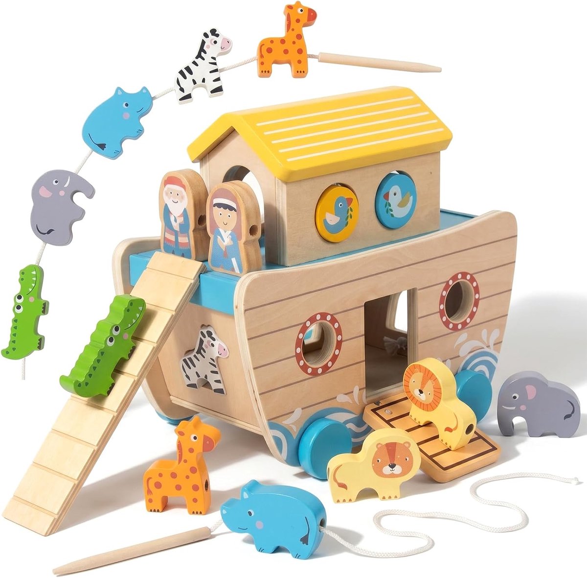 Noah's Ark speelgoed, Montessori dierentouw, classificatie, stapelen, houten trekken langs peuterspeelgoed, 1 2-3 jaar oud, kindercadeau