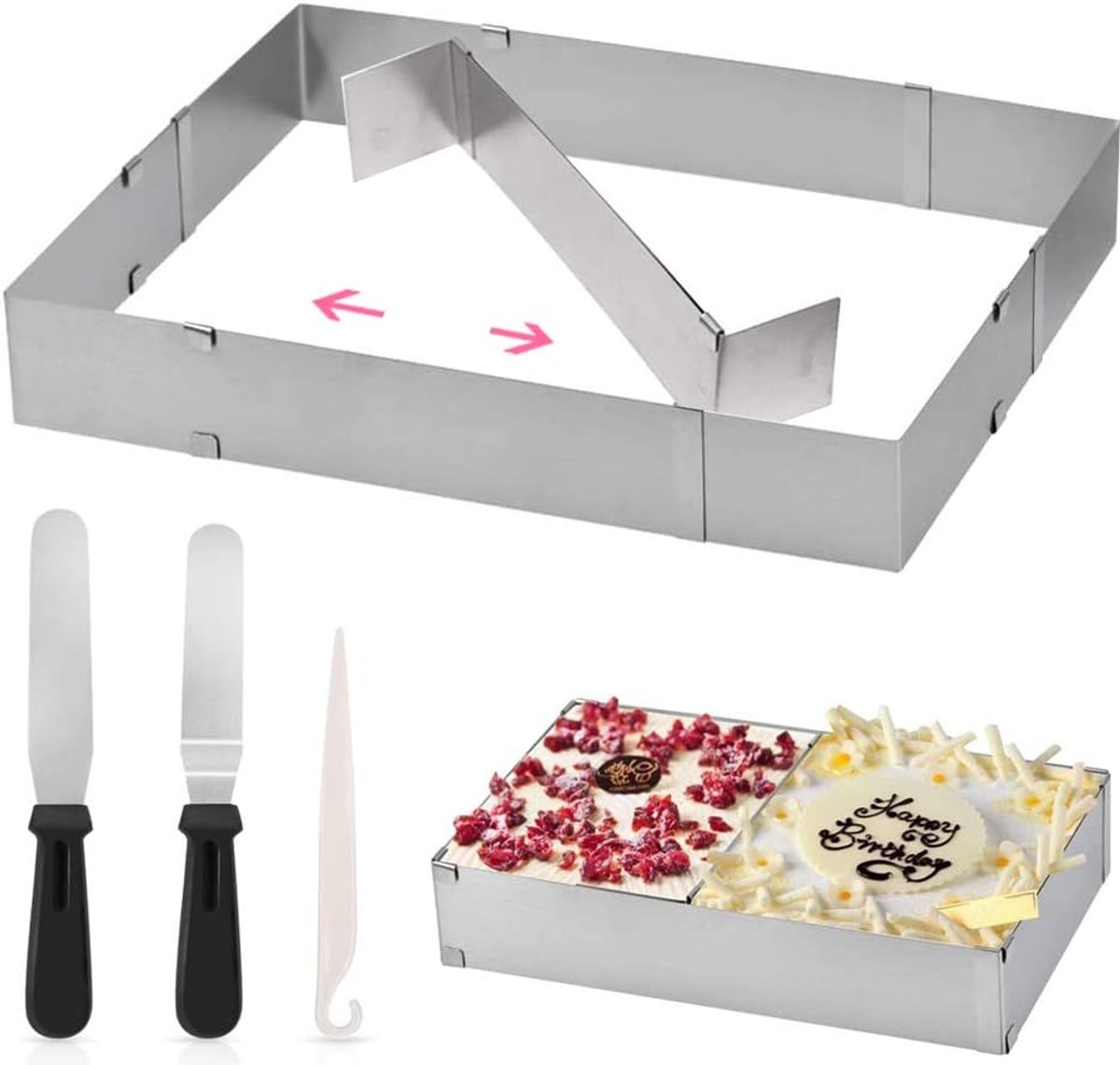 rechthoekig, verstelbaar, roestvrijstalen bakvorm, rechthoekige taartring met hoekpalet, spatel/plastic taartmes, bakring, rechthoekige vorm, bakframe voor taart, pizza, bakken en decoreren