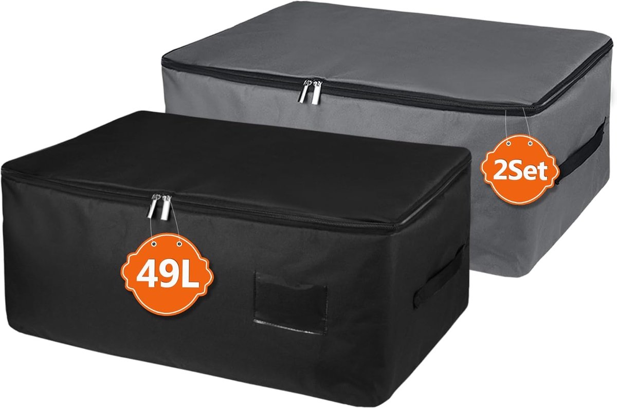 2 stuks opbergtassen, 49 l, opvouwbare verhuistas met handvat voor kussens, opbergtas onder bed met ritssluiting voor kleding, dekbedden 56 x 35 x 25 cm, donkergrijs/zwart