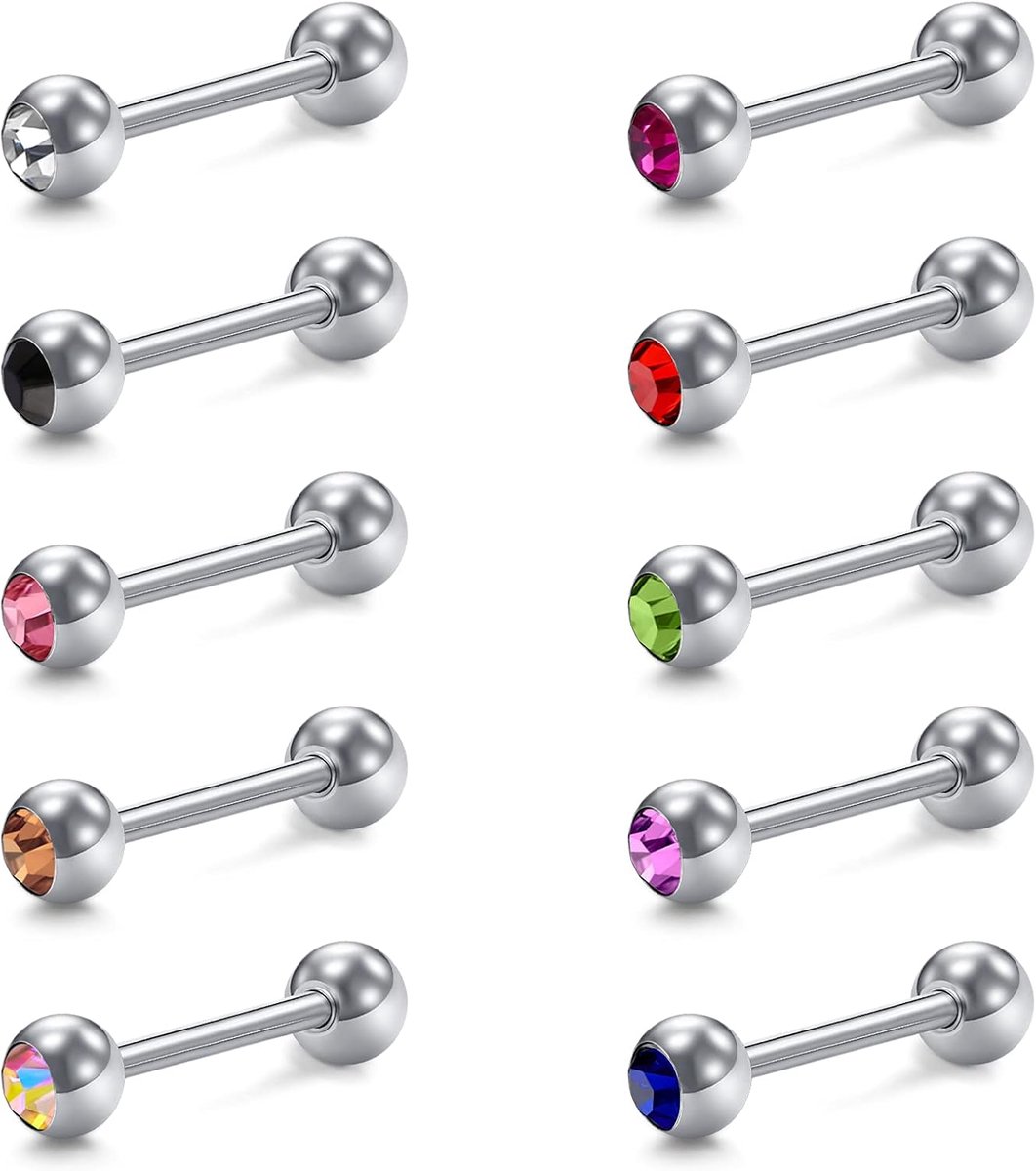 10 stuks tongpiercings van chirurgisch staal 14G 12-18 mm met kristal, roestvrij staal, kristal, metaal, staal
