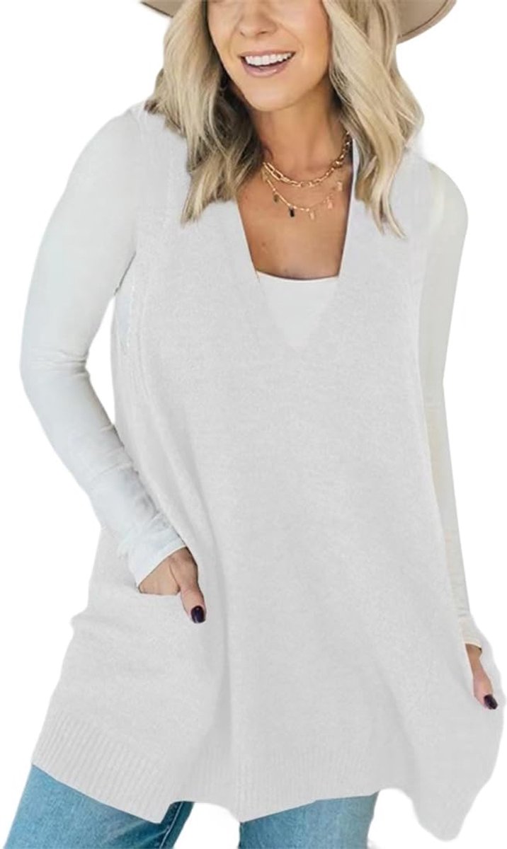 Damestrui Zonder Mouwen Gebreid Vest V-hals Elegant Vest Gebreid Winter Herfst Warme Trui Oversized Gebreide Trui Met Twee Zakken