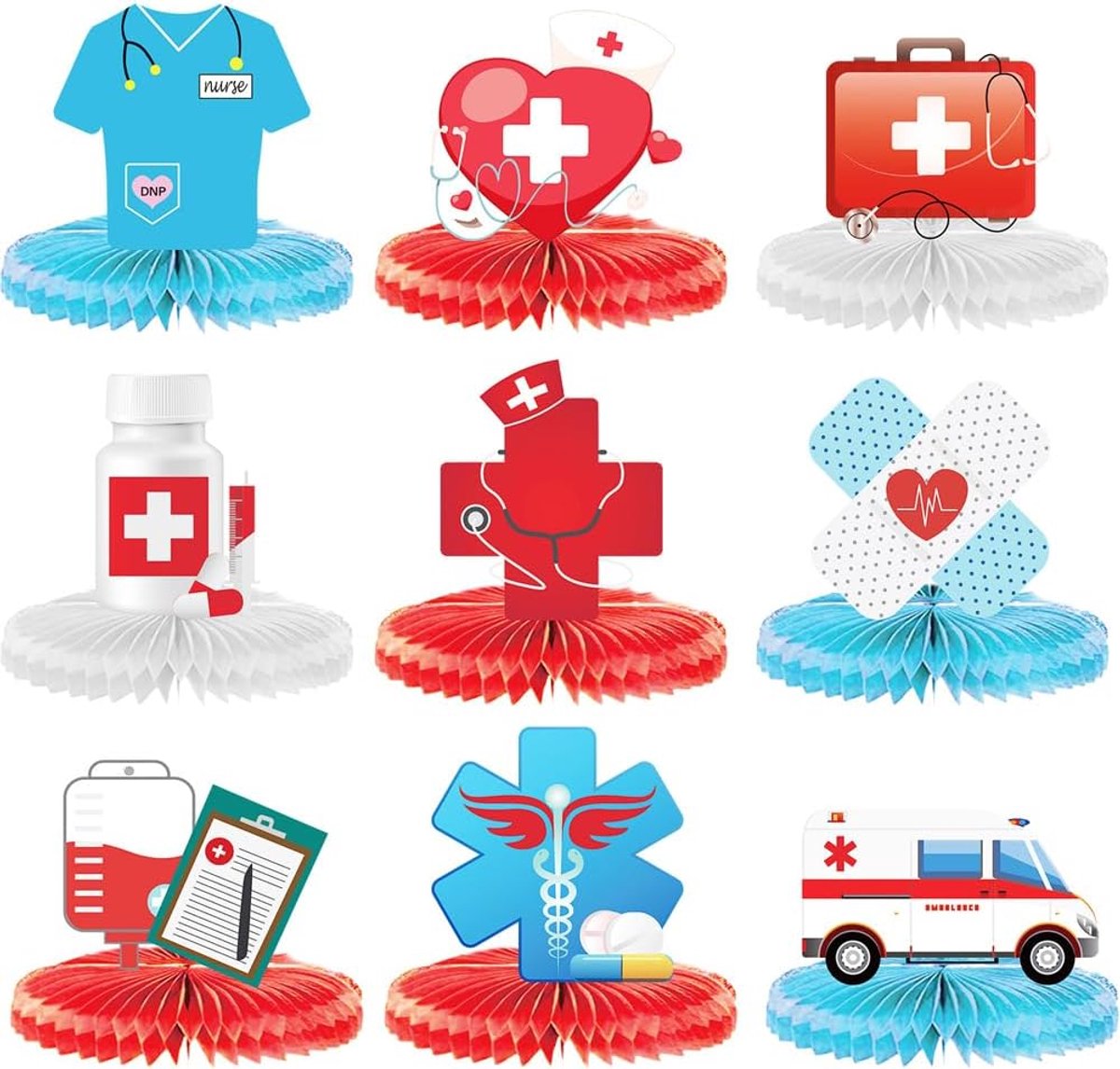 SnelShoppen - 9-delige Verpleegkundige Afstudeerfeest Decoratie Honeycomb Tafelcentra, 2024 Rood Blauw Verpleegkundige Dag Gefeliciteerd Tafelversieri