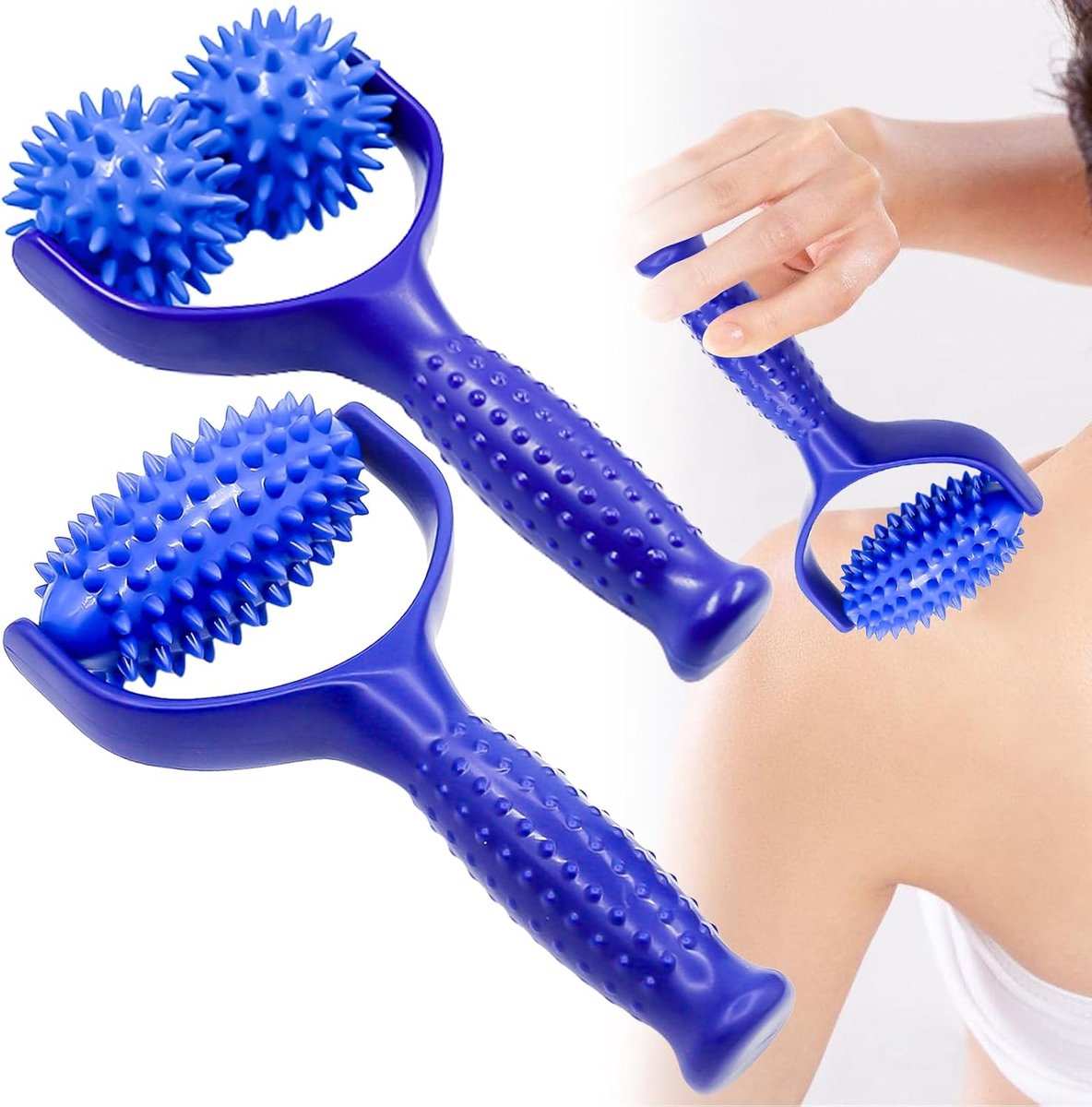 2 Stuks Massageroller voor Ontspanning van Voet en Rug - Blauw, met Handvat en Egelbal - Massageballen voor Benen, Armen en Schouders - Kleine Fasciarol tegen Spierpijn