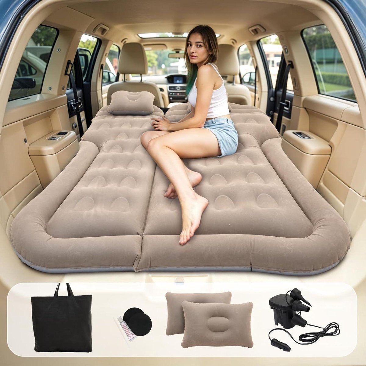 Opblaasbaar Autobed - Luchtmatras Auto - Reizen en Kamperen - Specifiek voor Alfa Romeo - 130 cm breed - Beige