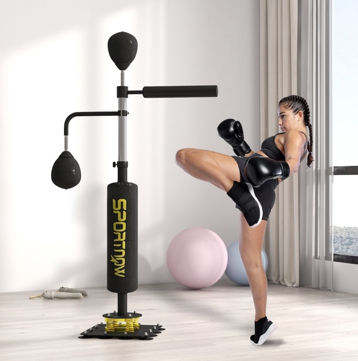 COVREO Boksmachine 107x36x140-205 cm zwart, staal met 2 speedballs