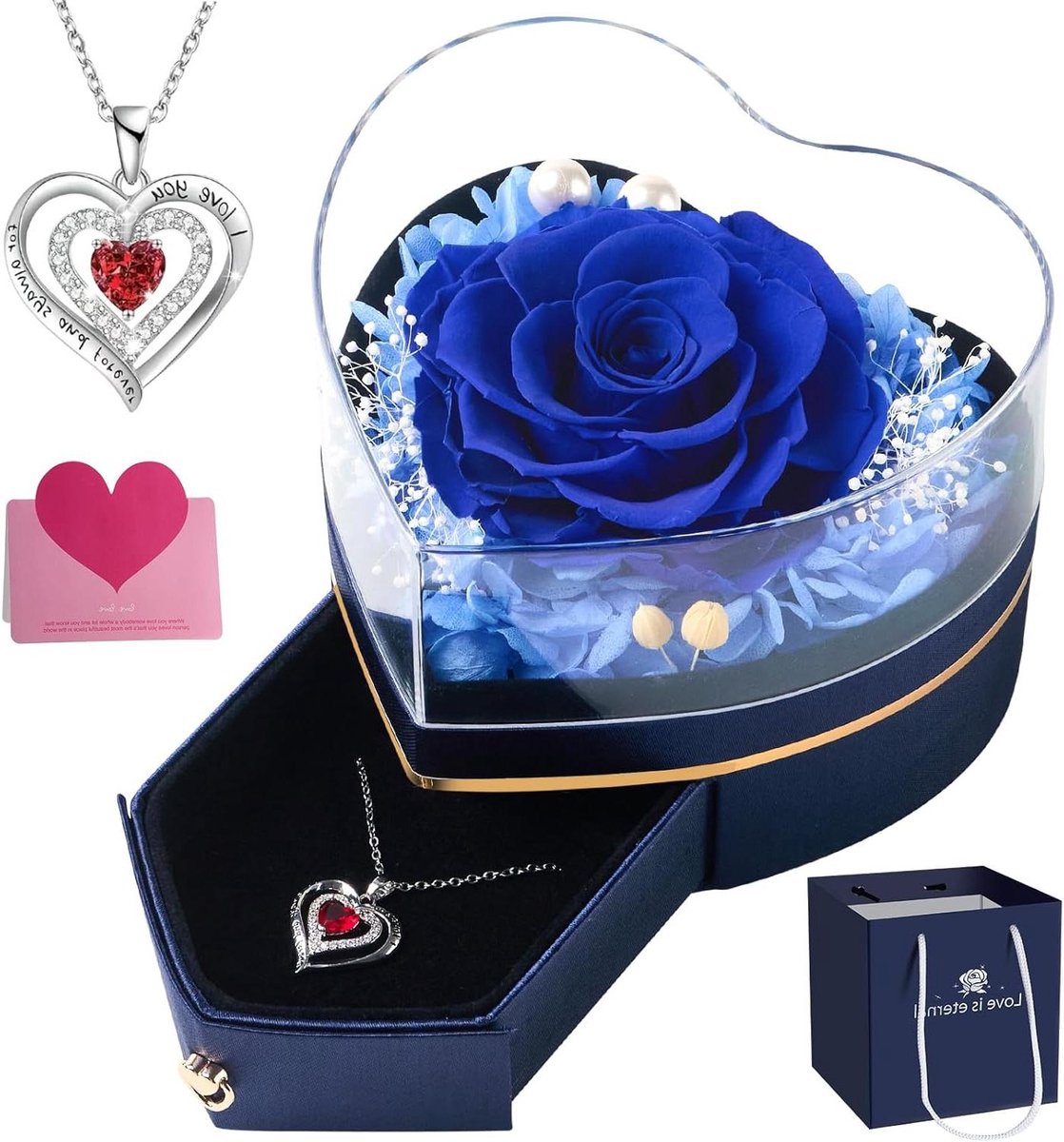 Eeuwige Roos - Geconserveerde Bloem - Cadeau Geven - Echte Roos - 11 x 14 x 15 cm - Blauw