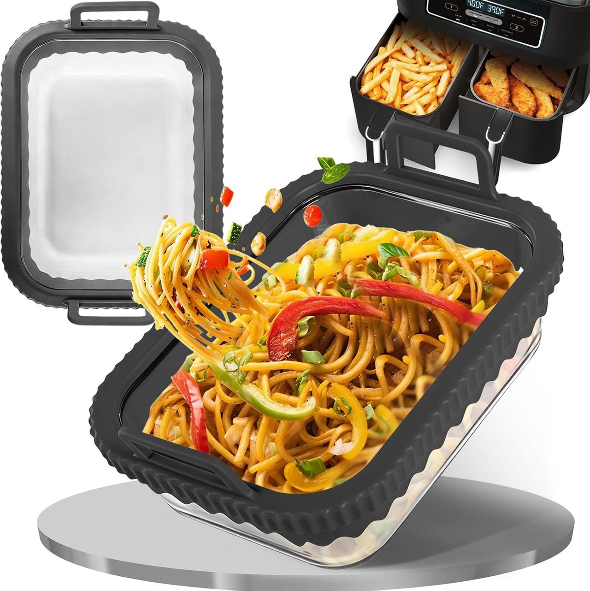 SnelShoppen - Glazen Ovenschaal voor Airfryer - Hittebestendig, Krasbestendig, Vaatwasmachinebestendig - Met Siliconen Handgrepen en Uitneembare Silic