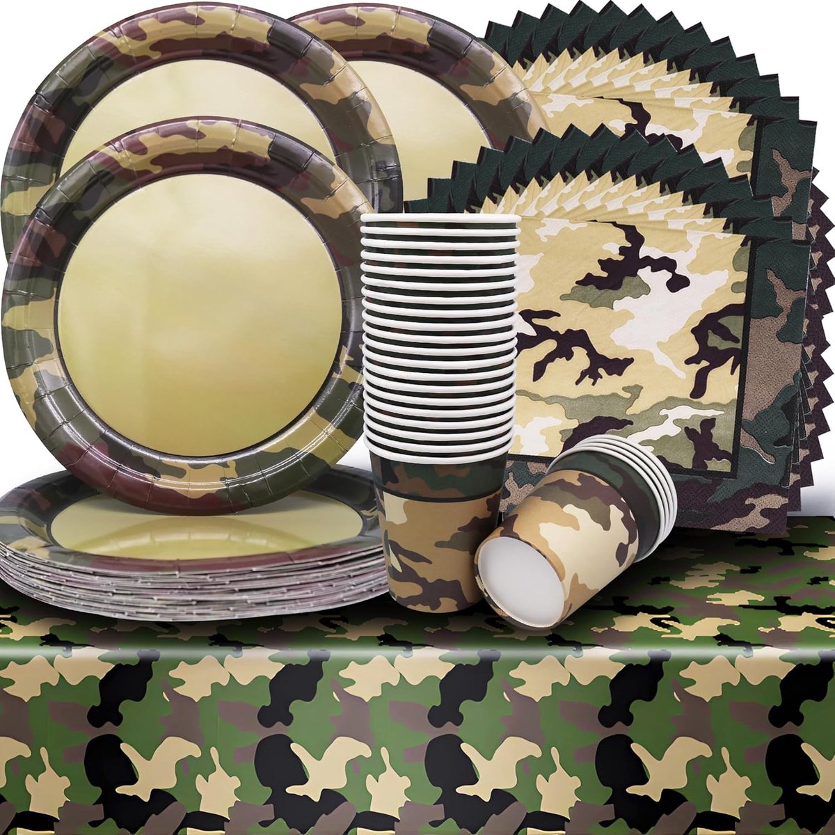 24 gasten, camouflage-partyserviesset, dinerborden, legerthema, Warrior party, tafeldecoratie, camping, outdoor, feestservies