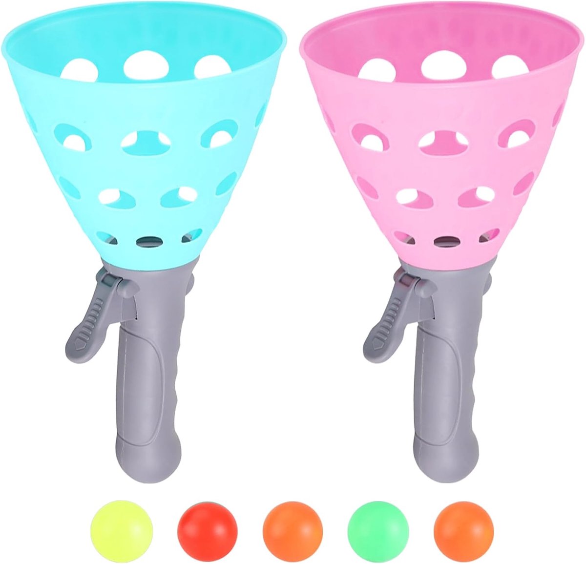 Pop and Catch Ballspel met 5 ballen en 2 catch launcher manden, outdoor indoor werpbal vangt de bal werpspel, gazon camping ground zomer strand party sport speelgoed voor kinderen volwassenen