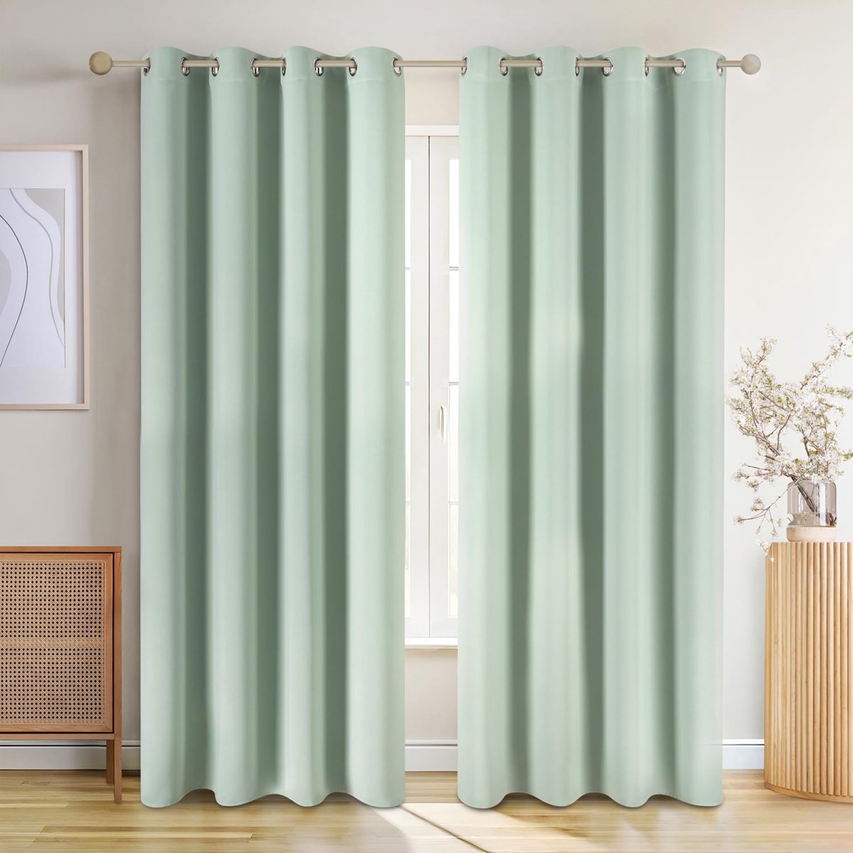 2-delige Set Ondoorzichtige Gordijnen met Ringen - verduisteringsgordijn, gordijnen verduisterend, 245 x 140 cm, Zomergroen