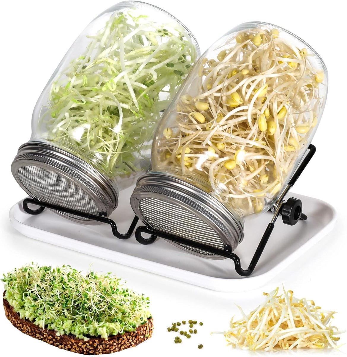 Kiemglas, set van 2, 2 x 1000 ml kiemglas met 2 roestvrijstalen deksels, 2 verstelbare houders en 1 dienblad, ideaal voor alfalfa broccoli, radijs, mungbonen