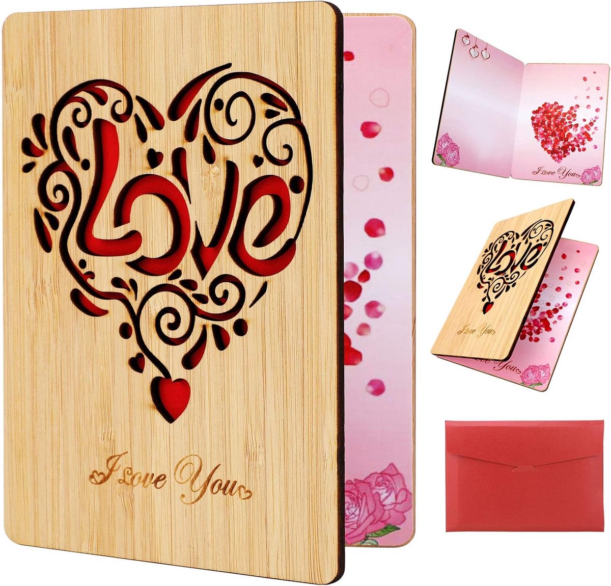 Hartkaart Echt Bamboehout I Love You Card Jubileumkaart Verjaardagskaart Romantische Cadeaus Valentijnskaart voor haar, hem, vriend, vriendin, echtgenoot, vrouw, Moederdag