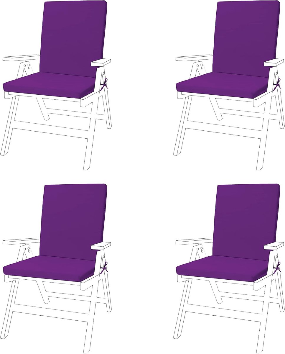 Tuin Premium stoelzitkussen | Veilige stropdassen snaren en elastische pull-over op rug | Waterbestendig | Geschikt voor binnen en buiten (4-delig, paars)