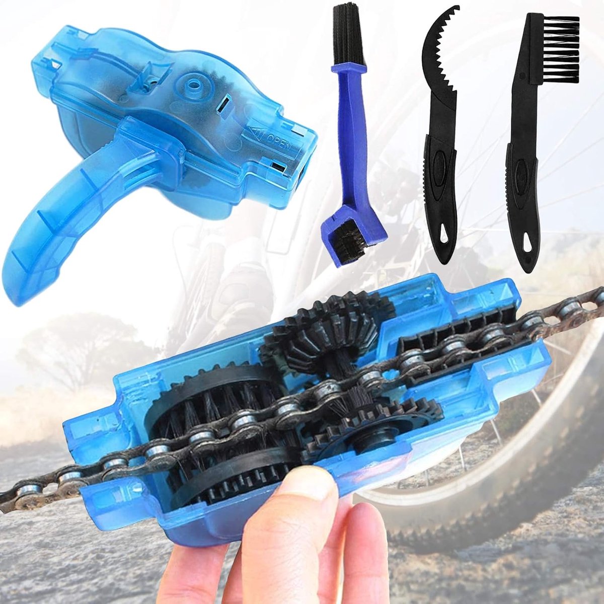 Kettingreiniger, fietsketting, 4-in-1 fietskettingreinigingsset | Bevat 3 borstels, geschikt voor alle kettingreinigingsapparaten voor fietsen, fietsreinigingsset voor kettingen, snel schoon