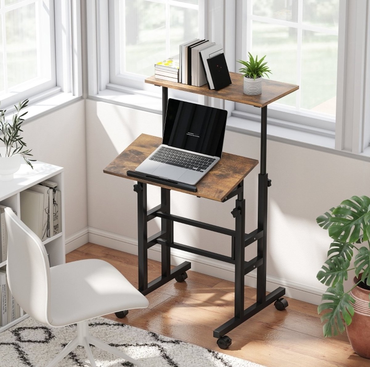 COVREO Hoogteverstelbaar bureau 60 x 60 cm, rustiek bruin, met wielen