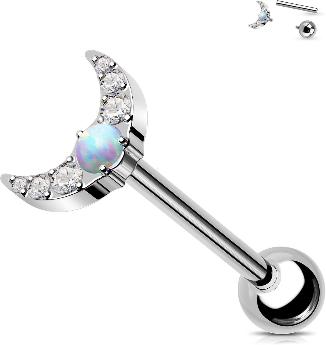 Titanium tongpiercing, staaf, maan, tong, barbell, 14G, opaal, tong, zirkonia, tong, ring, intern schroefdraad, tongpiercing, barbell, 14G 16MM, Titanium