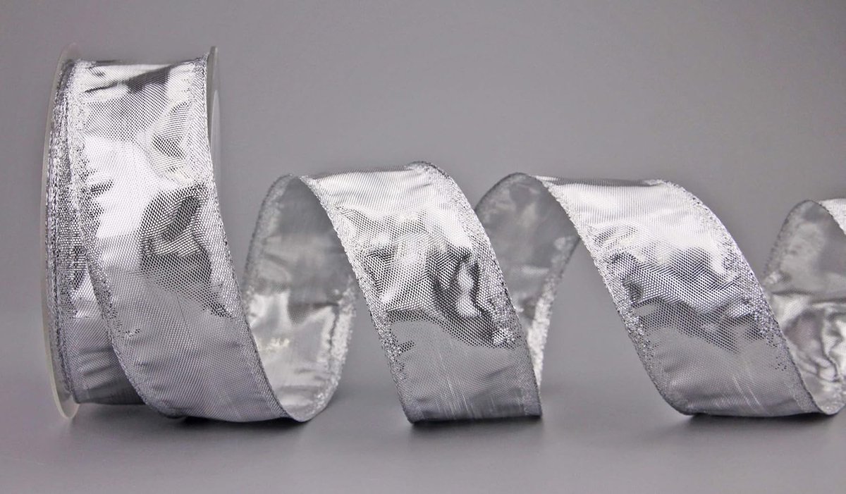Dekoband Glamour Gold Silver Cadeaulint glanzend Kerstmis Advent Decoratie Glitter lint met draad draadrand metallic bruiloft verjaardag 25 m x 40 mm (Rolle) zilver