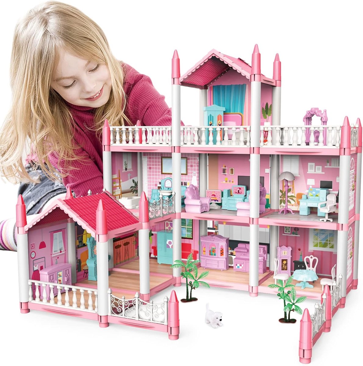 deAO Poppenhuis Dollhouse - 3 Verdiepingen 9 Kamers Roze DIY Doen Alsof Spel Gebouw Playset, Dollhouse Asseccories en Meubels, Cadeau voor 6 7 8 9 Meisjes Peuter