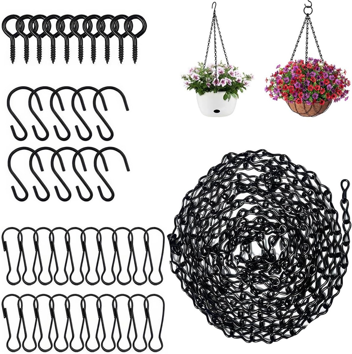 5m Metalen Ketting Om Op te Hangen, Verstelbare Bloempot Hangkettingen | Hangende Mandkettingen met 10 Haken, 20 Clips, 10 Schroefhaken, Metalen Bloempotketting, voor Vogelvoeders, Lantaarns