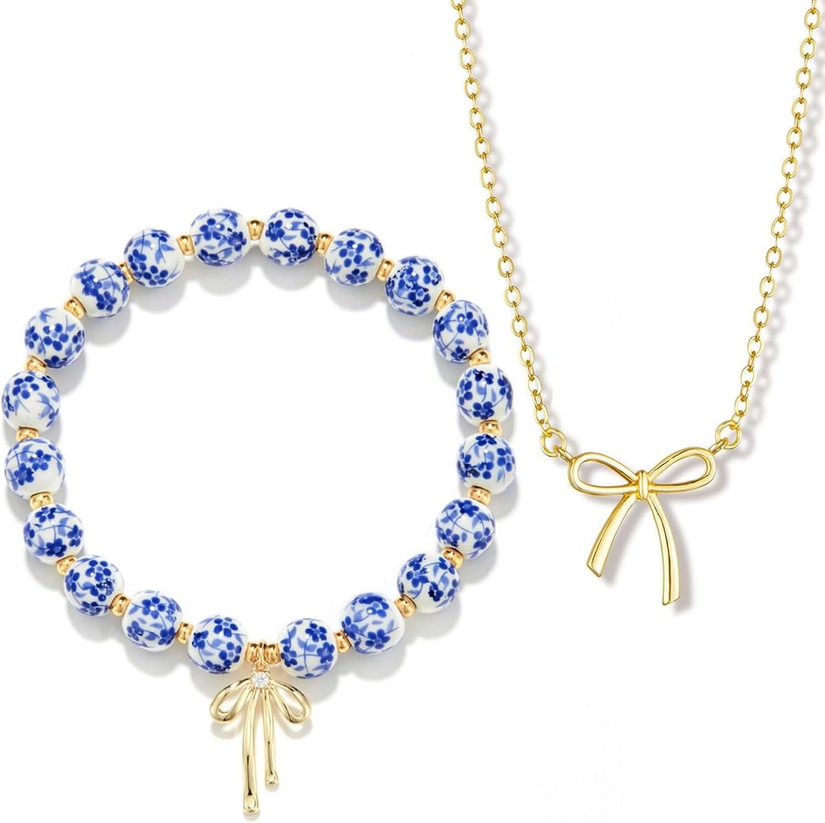 armbanden voor dames, 14K vergulde halsketting, armbanden met booghanger, choker armband, sieradenset voor verjaardag, Valentijnsdag