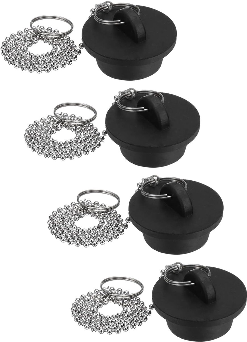 4 stuks badstoppers, rubberen stoppen voor badkuipen, 1-1/4 inch keukenspoelafvoerstop, badkamerafvoerstop met trekring en 15 inch roestvrijstalen parelketting, zwart