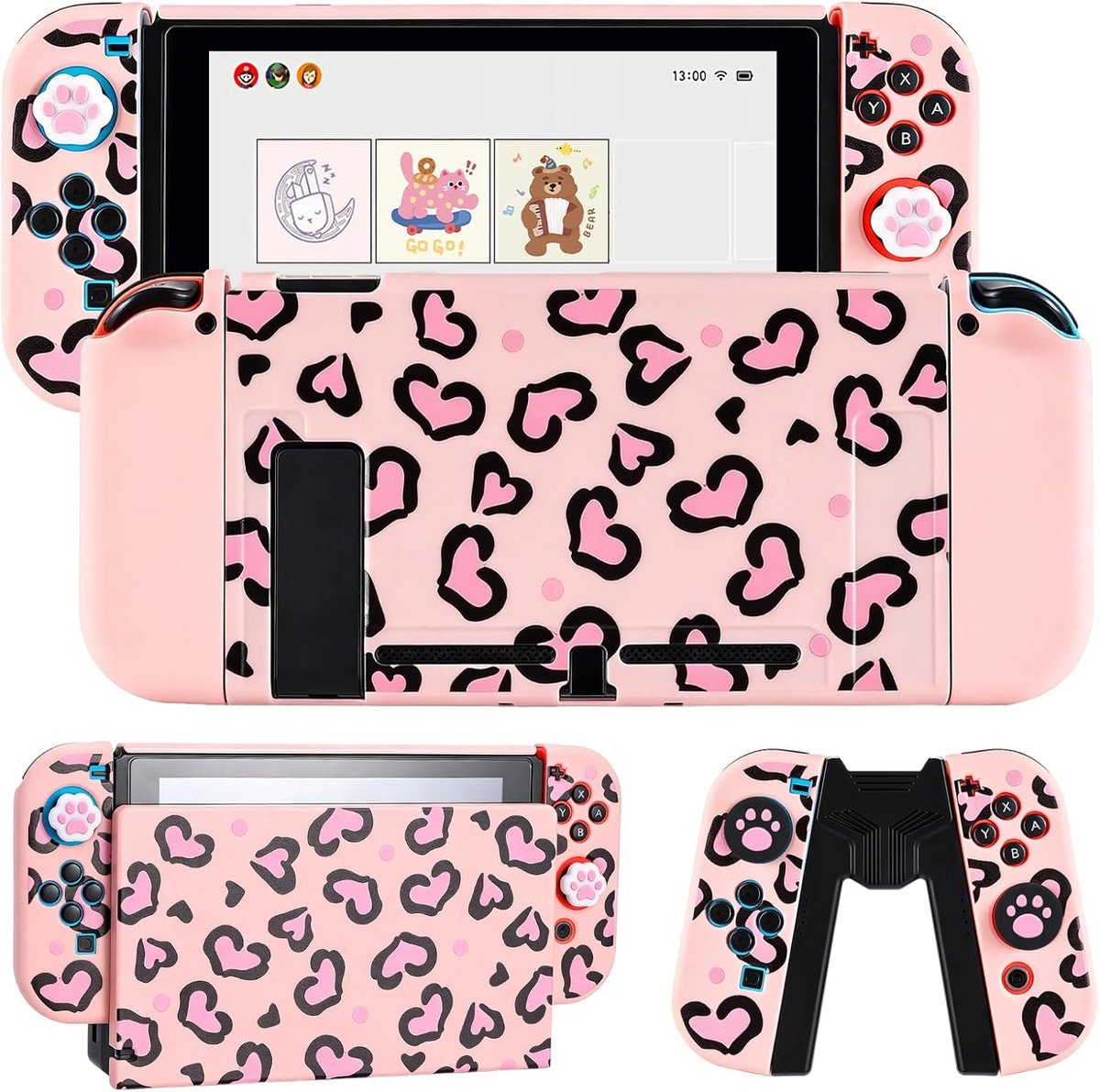 Beschermhoes voor Switch 2017 Model,Dockable PC Harde Shell met heart Leopard-motief,Krasbestendige Slim Protector Skin met Dock Case,2 TPU Handgreephoezen en 4 Stuks Duimgrepen,Roze