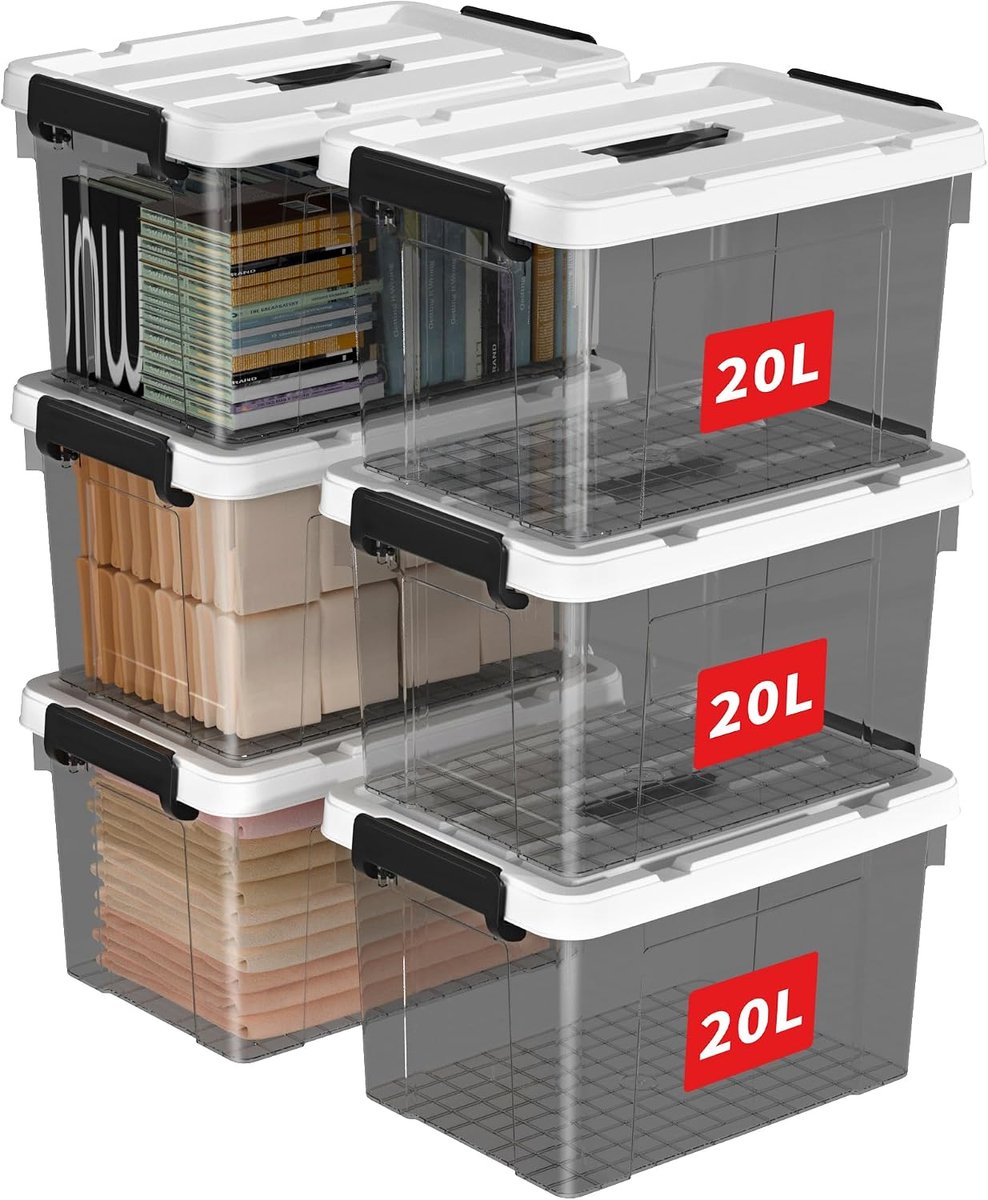 20L x 6 opbergdozen, plastic opbergdoos met deksels, organiserende container met handvat en veilige vergrendelende gespen, stapelbaar, nestbaar, draagtas voor huiskleding, 20L-6Pack, helder