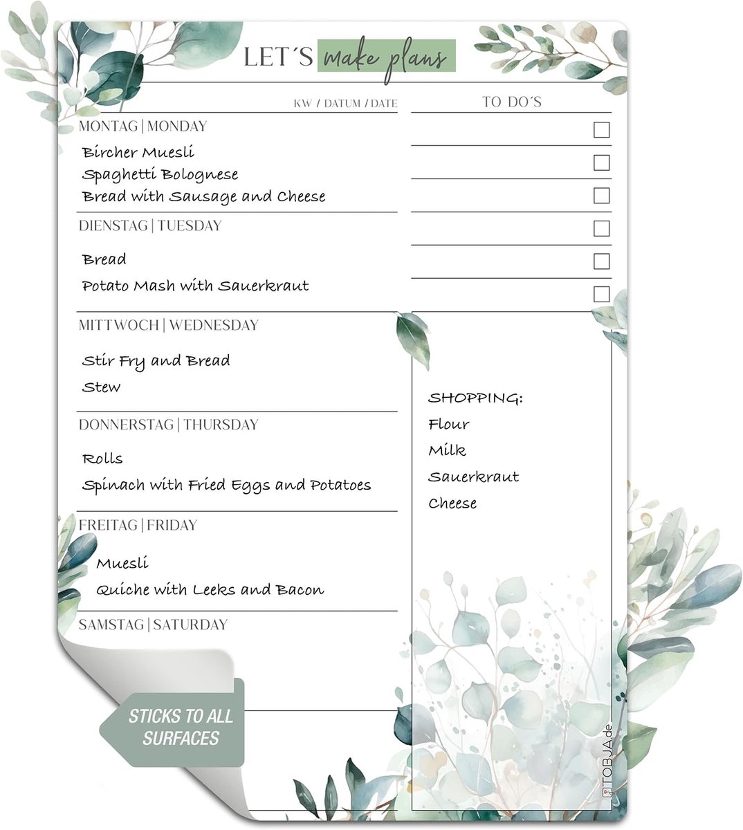 Etenplanner, week afwasbaar, hecht op alle oppervlakken, verwijderbaar, eucalyptus-design voor het perfecte weekoverzicht. Herbruikbare menu- en weekplanner (zonder stift) 2023, A4