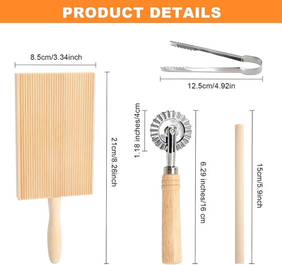 Houten plankenset met deegsnijder, spätzleplank met schraper, pastameplank en ravioli roller voor zelfgemaakte pasta, accessoires voor keuken en doe-het-zelf pasta zelf maken van houten — afbeelding 2